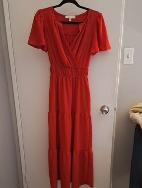 Flutter-Sleeve Red Maxi Dress with Smocked Waist
